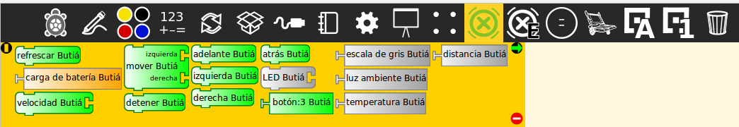 En ésta imagen puede verse la paleta cuando hay robot conectado y un sensor botón